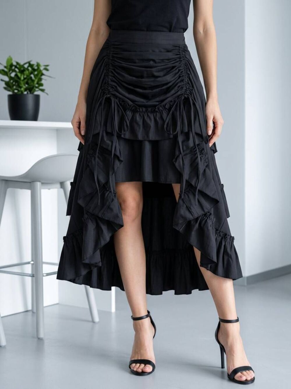🩵NWT Black Adjustable Hi-Low Ruffled Steampunk Skirt Small
